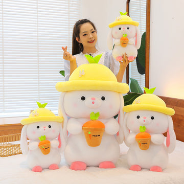 Cute Transform Summer Strawberry Pineapple Carrot Fruit Rabbit Doll Backpack Detachable Rabbit Animal Fruit Plush ToyCute Strawberry Pineapple Carrot Fruit Bunny,Soft Sleeping Pillow Sitting Lop Eared Rabbit,Yellow Pink Orange Bunny Rabbit Soft Toy