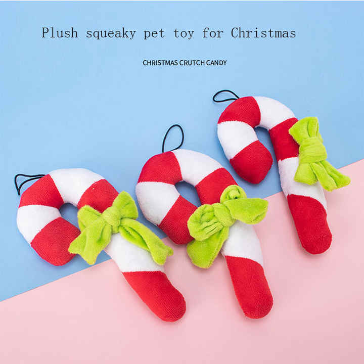 Cross-border pet plush toy sound bow Christmas candy cane puppy teething chew-resistant interactive dog toy