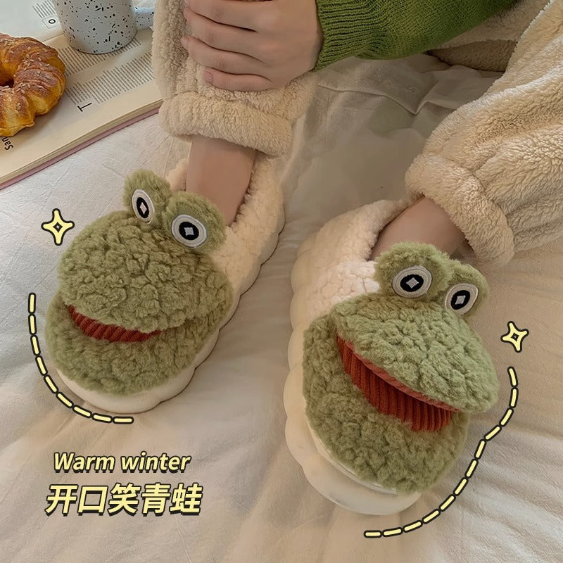 Winter Warm Creative Cute Frog Indoor Non-slip Light Elastic Quiet Cotton Slippers For Women Children Kids Light Up Slippers,Plush Slippers,Cotton Slippers